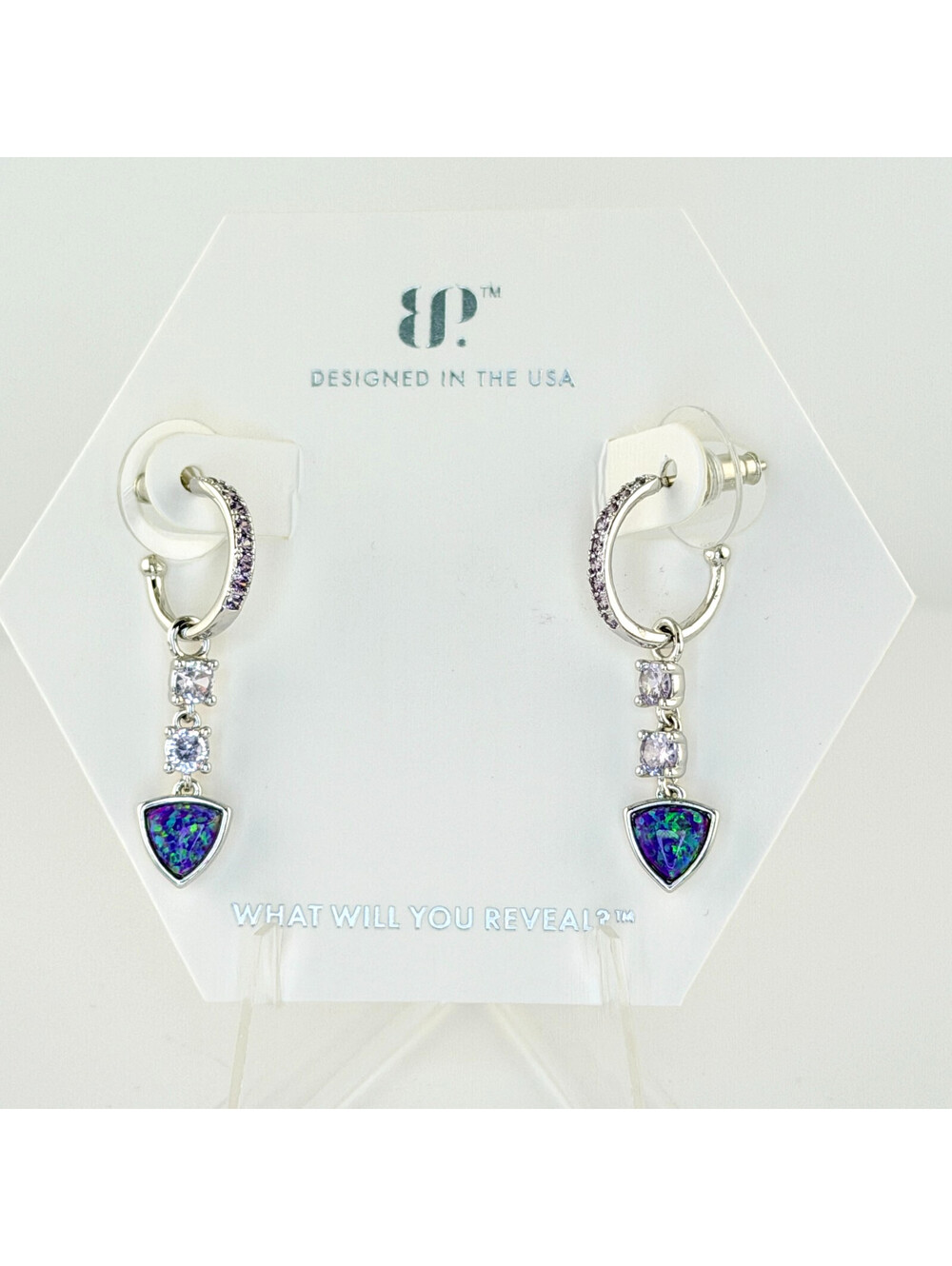 Bomb Party February Earrings "Can't Hold Back" Amethyst Fire Opal on Rhodium